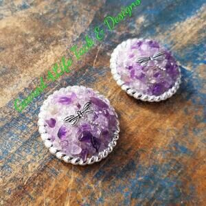Round amethyst bridle concho, Draggonfly gemstone inlay bridle rosettes, Saddle
